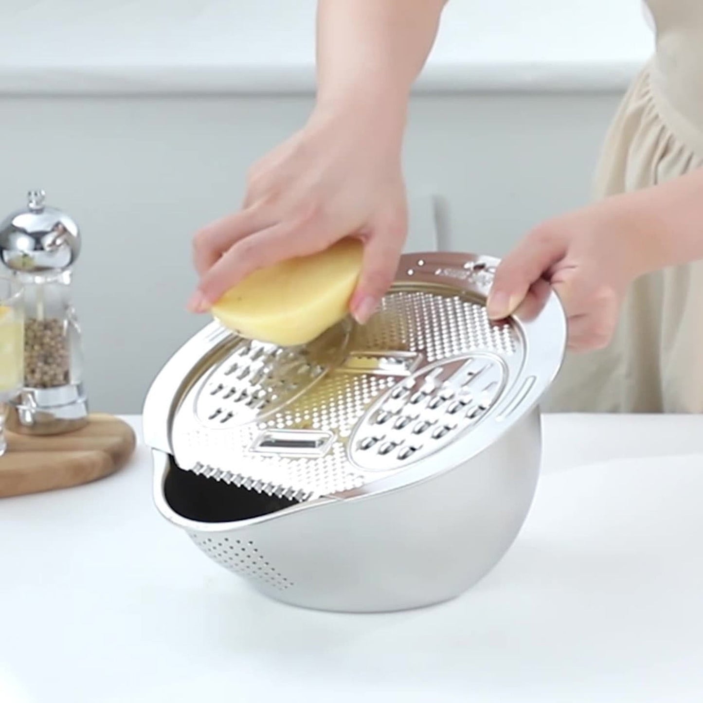 Bassin en Acier Inoxydable Multifonction 3-en-1 avec Râpe